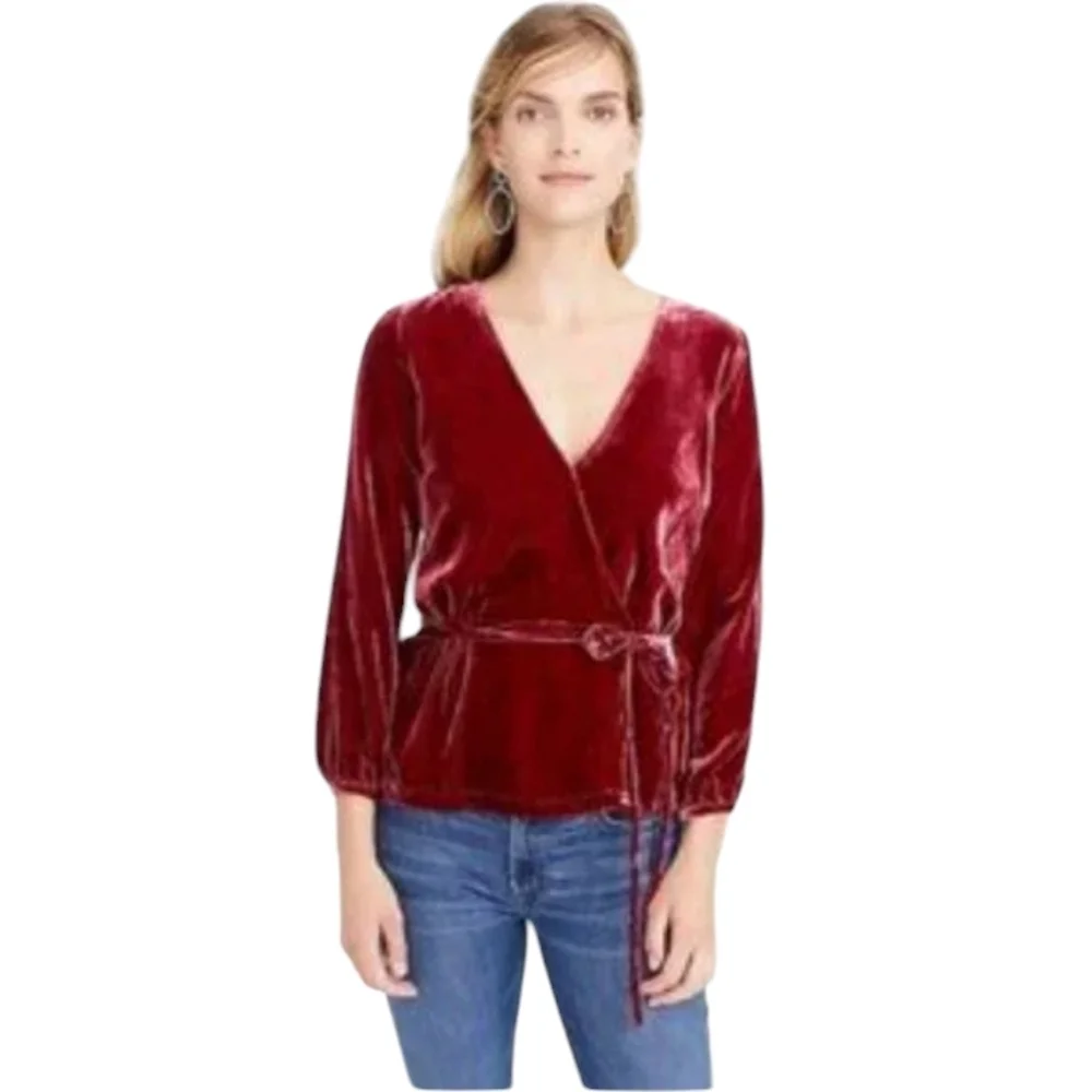 J. Crew Beautiful Burgundy Velvet Faux Wrap Blouse Puff Sleeves Size 0